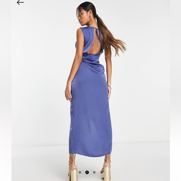 ASOS Blue Satin Draped Midi Dress - Picture 2 of 2